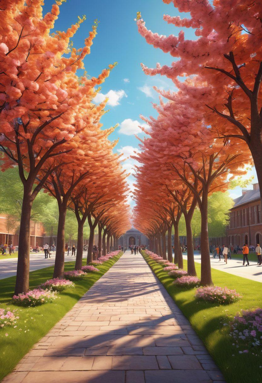 A vibrant path winding through a university campus, lined with blossoming trees symbolizing growth and learning, leading from an orientation event with excited students to a graduation ceremony featuring caps in the air. Include various diverse students engaging with each other, studying, and celebrating along the way. Bright, cheerful atmosphere with sunny skies. super-realistic. vibrant colors. 3D.