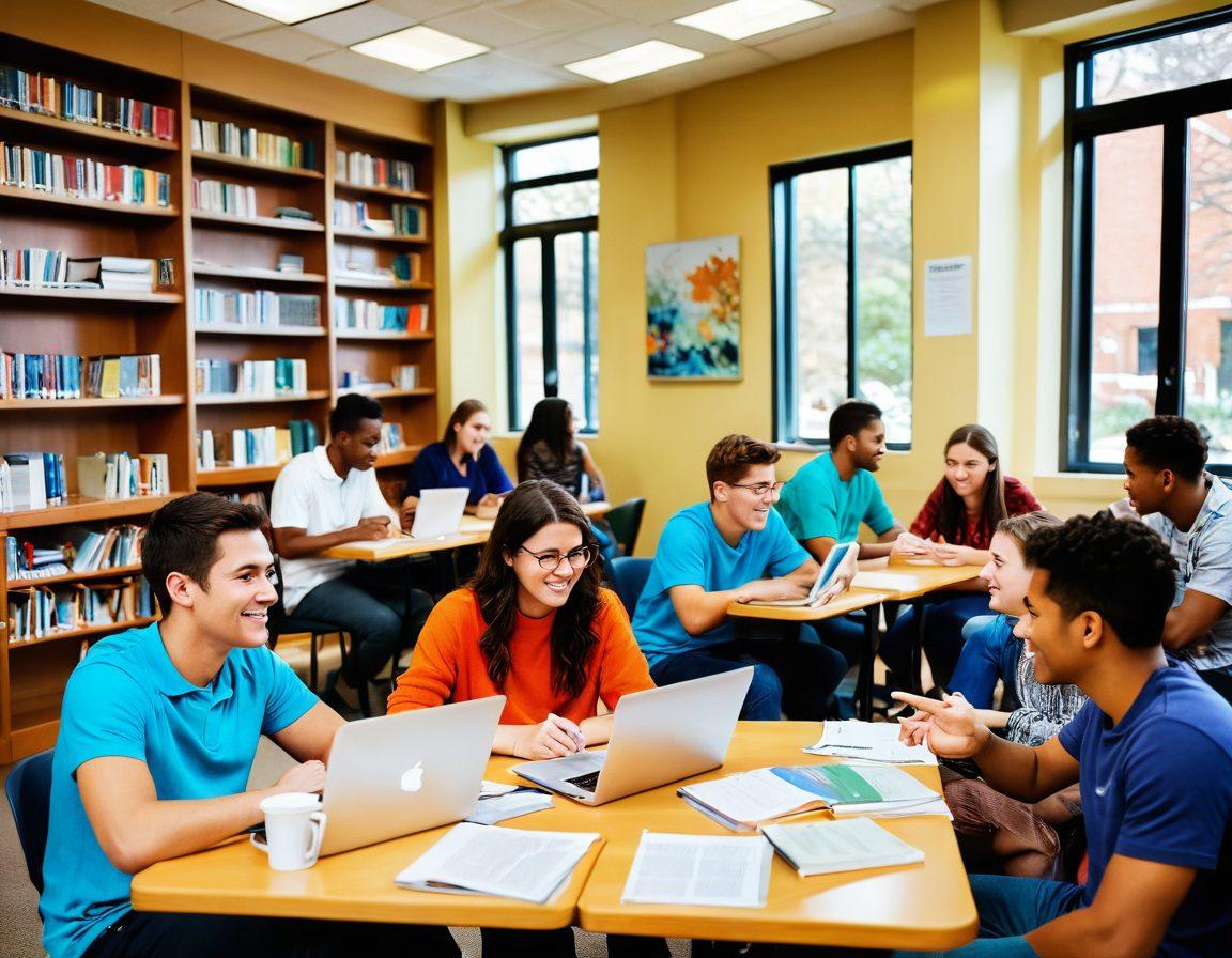 A vibrant split scene depicting a diverse group of students engaged in various activities: studying together in a cozy library nook, participating in a lively discussion in a campus café, and socializing at a vibrant campus event. Include elements like textbooks, laptops, and colorful posters in the background to represent academic and social life. The scene should exude a sense of camaraderie, support, and enthusiasm. bright colors. illustration.