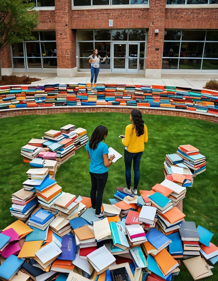 A vibrant college campus scene showcasing diverse freshmen exploring their new environment, with stacks of books, laptops, and coffee cups scattered around. Include a friendly campus guide pointing toward a student resource center in the background. Capture the excitement and uncertainty of new beginnings with bright, engaging colors and an uplifting atmosphere. super-realistic. vibrant colors.